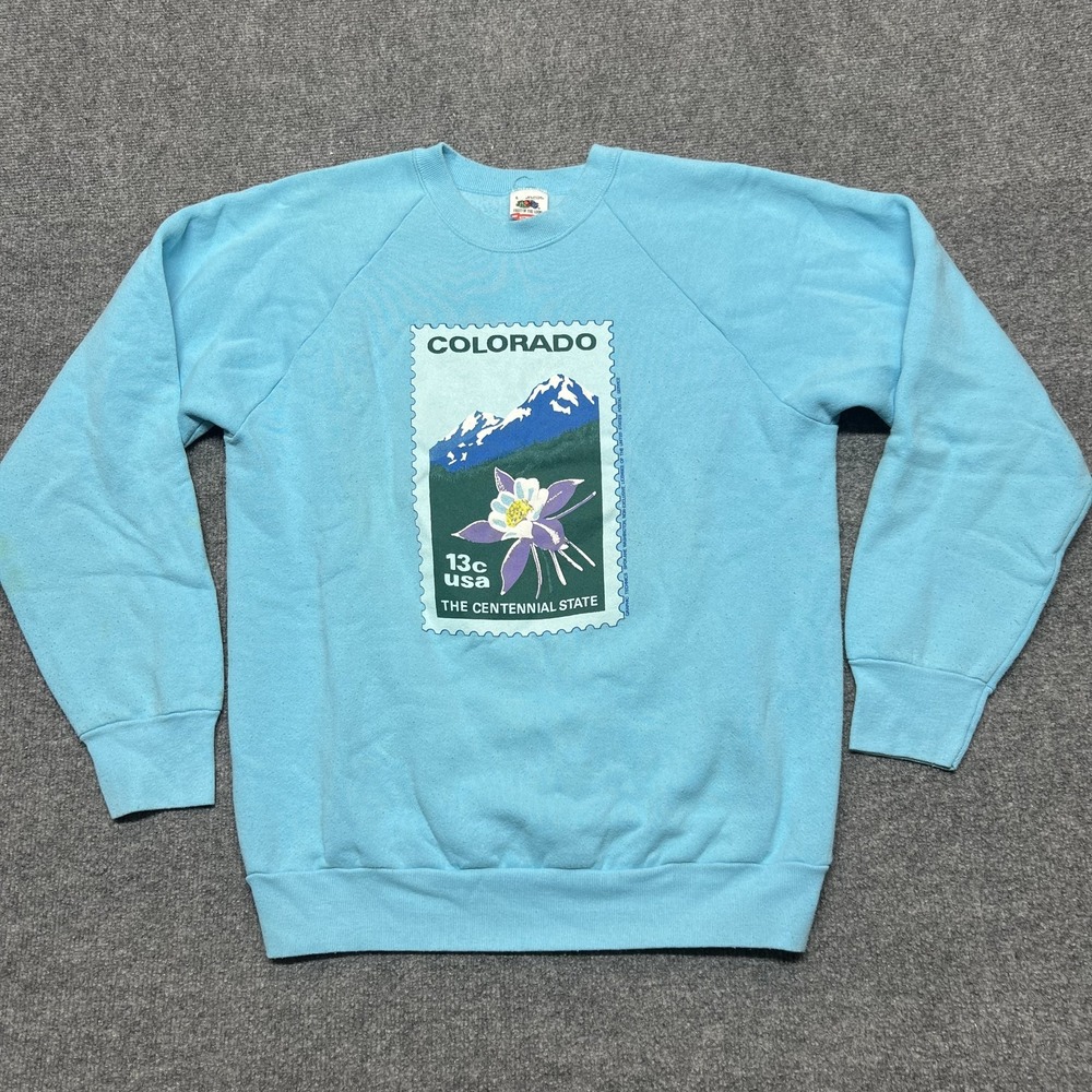 Vintage Fruit Of The Loom Sweatshirt Mens Large Blue Colorado Stamp Graphic USA